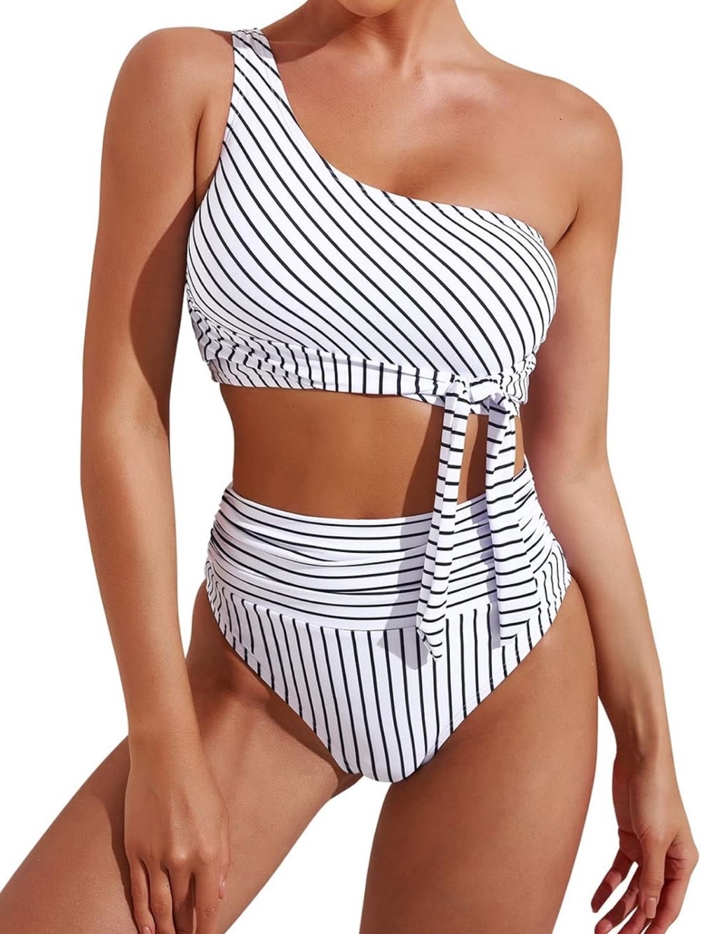 Striped One-Shoulder Tie High-Waist Bikini - White/Black